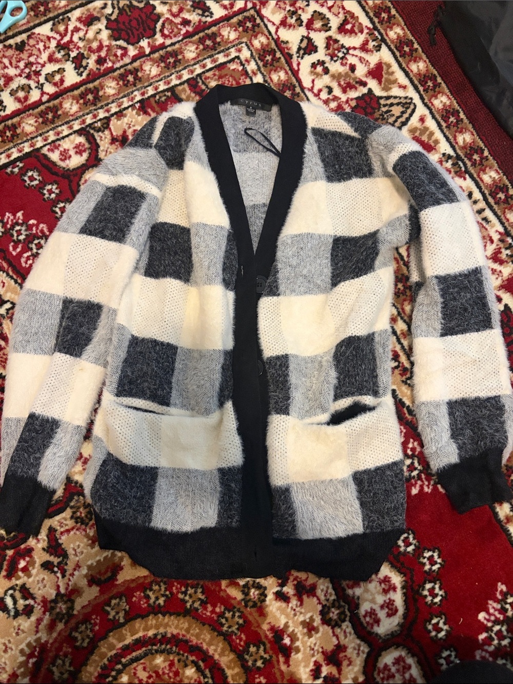 Cyrus Oversized Checked Open-Front Cardigan in Cream, Gray and Black
